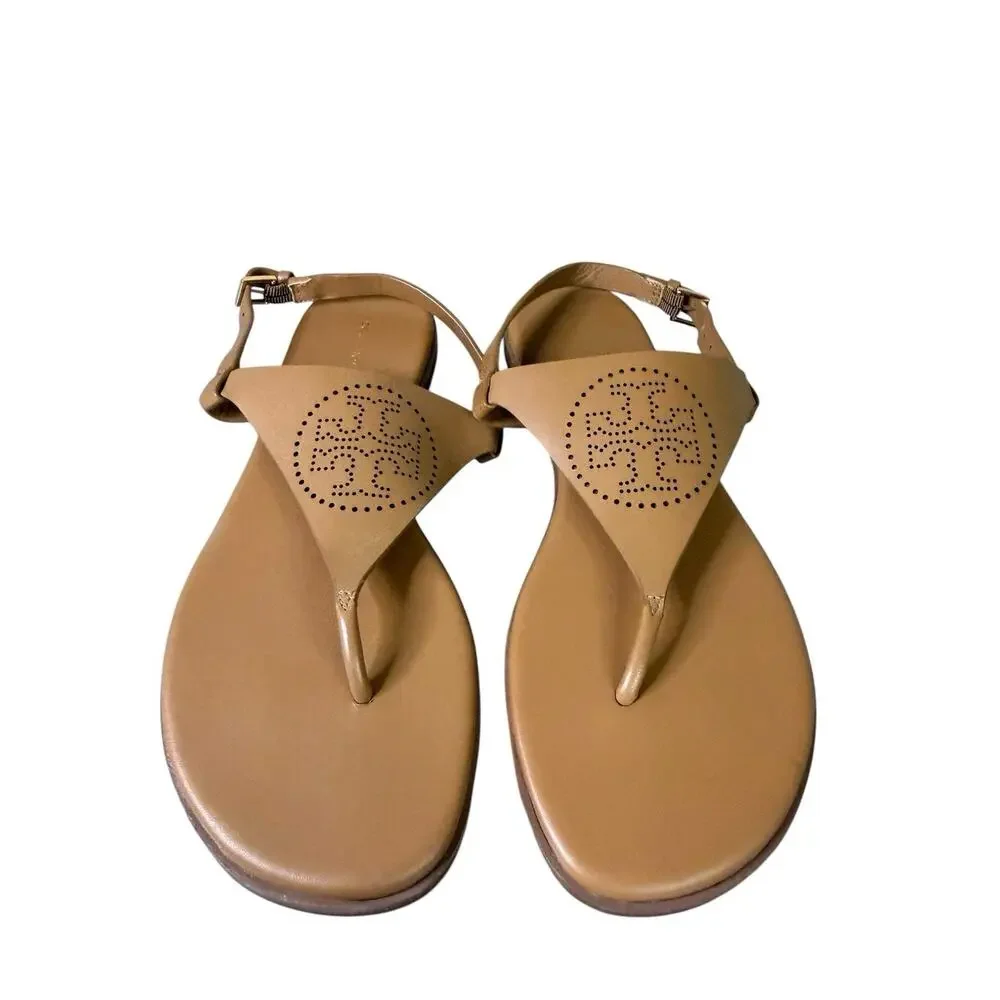 NEW Tory Burch Capri Perf Leather Thong Sandals Brown Leather US 8